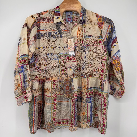 Johnny Was Tops - Johnny Was Blouse Women XL Multicolor 100% Silk Patchwork Crochet Lace Peplum